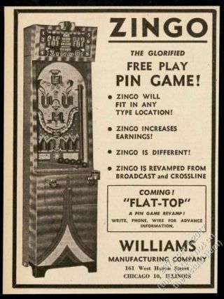 1945 Williams Zingo Pinball Arcade Game Machine Photo Vintage Trade Print Ad