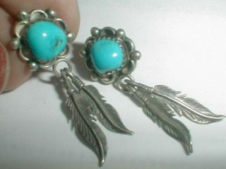 NAVAJO vintage STERLING SILVER TURQUOISE post back SQUASH BLOSSOM EARRINGS 2