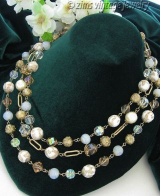 Vintage Vendome Art Glass Gold Crystal Pearl Moonstone Bead 3 Strand Necklace