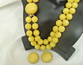 Vintage Yellow Lucite Double Strand Necklace & Earring Set
