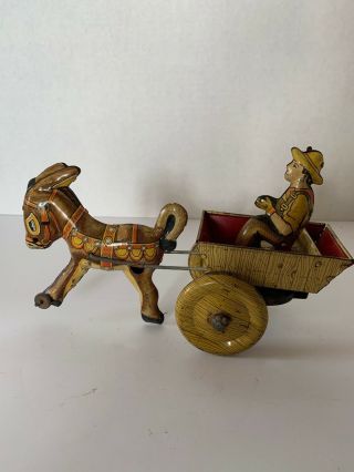Marx Wind Up Tin Litho Cart With Driver And Donkey Vintage Usa