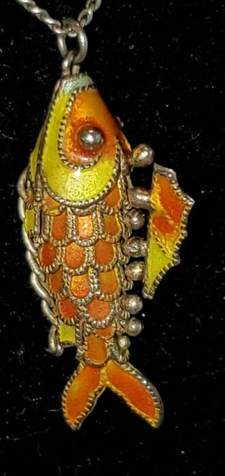 Vintage Sterling Silver Enamel Cloisonne Articulated Koi Fish Pendant Necklace