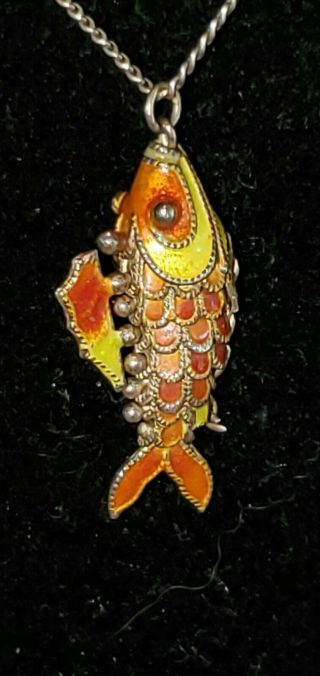 Vintage Sterling Silver Enamel Cloisonne articulated Koi Fish Pendant Necklace 5