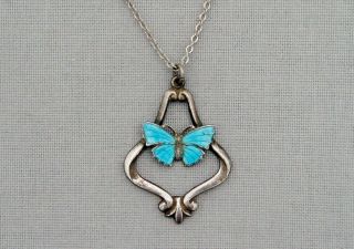 Vintage 1920s/30s Silver & Enamel Butterfly Necklace Pendant With Chain