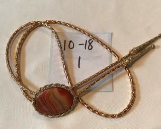 Cool Vintage Unmarked Bolo Tie Gold Tone Cord Real Stone Oval Slide 35 "