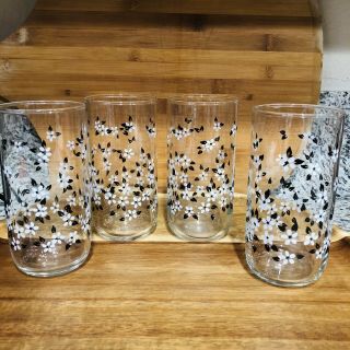 Vintage Set 4 Libbey Black White Daisy Floral Drinking Glasses Tumblers