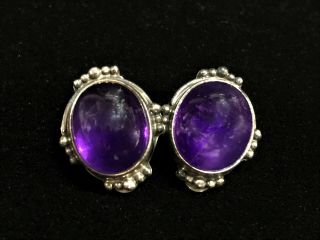 Vintage Sterling Silver Amethyst Cabochon Clip On Earrings 925 Sterling Craft