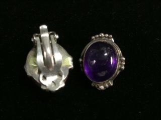 Vintage Sterling Silver Amethyst Cabochon Clip On Earrings 925 Sterling Craft 2