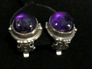 Vintage Sterling Silver Amethyst Cabochon Clip On Earrings 925 Sterling Craft 3