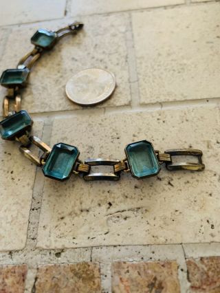 Vintage Art Deco Gf 10k Bracelet With Large Emerald Cut Open Back Aqua Stones