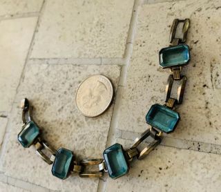 Vintage Art Deco GF 10k Bracelet With Large Emerald Cut Open Back Aqua Stones 2