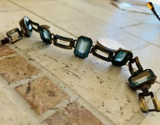 Vintage Art Deco GF 10k Bracelet With Large Emerald Cut Open Back Aqua Stones 3