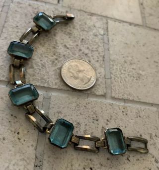 Vintage Art Deco GF 10k Bracelet With Large Emerald Cut Open Back Aqua Stones 4