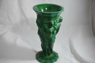Vintage Art Deco Czechoslovak Malachite Glass Vase With Nude Dancing Figures