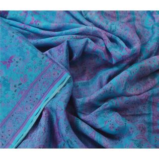 Sanskriti Vintage Blue Saree 100 Pure Silk Printed Sari Craft Decor Fabric