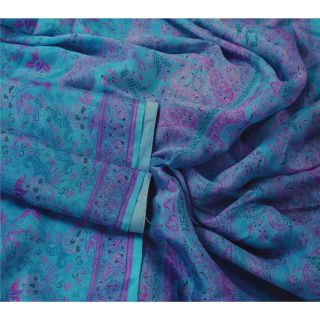 Sanskriti Vintage Blue Saree 100 Pure Silk Printed Sari Craft Decor Fabric 2