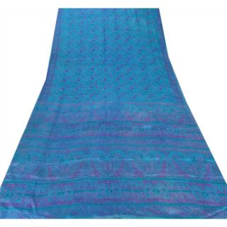 Sanskriti Vintage Blue Saree 100 Pure Silk Printed Sari Craft Decor Fabric 3