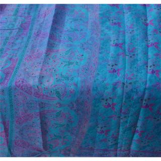 Sanskriti Vintage Blue Saree 100 Pure Silk Printed Sari Craft Decor Fabric 4