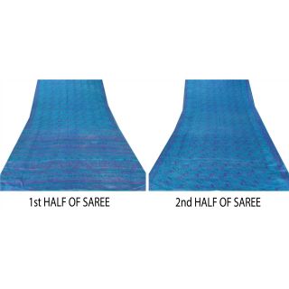 Sanskriti Vintage Blue Saree 100 Pure Silk Printed Sari Craft Decor Fabric 5