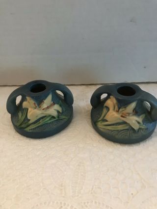 Vintage Roseville Usa Pottery Blue Zephyr Lily Candle Holders 1162 - 2 Pair 2