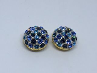 Vintage Swarovski Blue And Clear Gold Plate Round Clip On Earrings Signed Swan