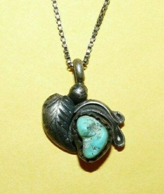 Vtg Old Pawn Native Navajo Sterling Silver & Turquoise Pendant W/ 18 " Necklace