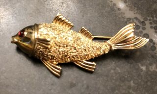 Trifari Vintage Gold Fish Brooch,  Red Eye