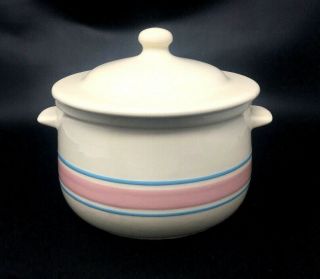 Vintage Mccoy,  Nelson Bean Pot Crock With Lid 120 Pink & Blue Stripes Ovenware