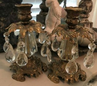 Gorgeous Pair Vintage Ornate Gold & Glass Candle Holders With Prisms