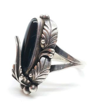Vintage Signed Nakai Sterling Silver Black Onyx Feathered Native American Ring 3