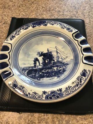 Large Vintage Delft Ashtray Made In Holland Blue With Ship Boat Whale Fishery