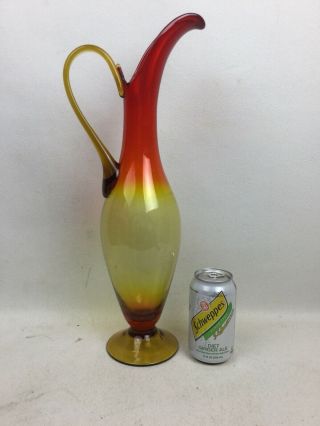 Vintage Blenko Tall Ewer Vase In Amberina Yellow To Orange Display Piece