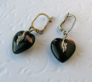 Vintage Pendant Earrings Drop Black Heart Murano Glass 925 Sterling Silver