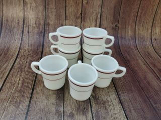 Pyrex Restaurant Ware Coffee Cups (7) With Dark Red Stripes Vintage Pyrex Mugs