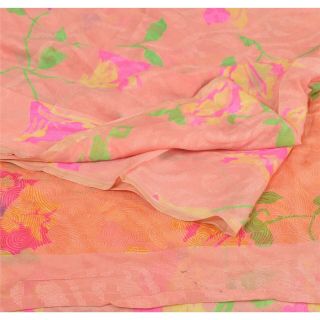 Sanskriti Vintage Peach Saree Pure Silk Printed Woven Sari Craft 5 Yard Fabric