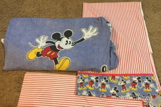 Vintage Mickey Mouse Red White Striped Twin Fitted Flat Pillowcase Sheet Set 3pc