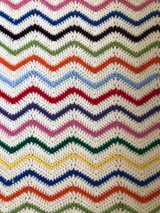 Vintage Multi Color Chevron Stripe Crochet Knit Afghan Throw Zig Zag Blanket