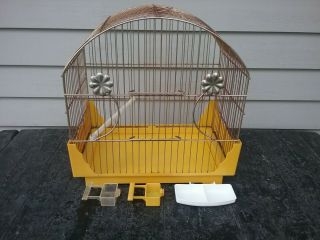 Vintage Mcm Pacific Wire Bird Cage W/ Feeders Perch Yellow Plastic Brass Color