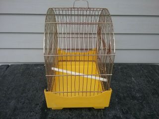 VIntage MCM Pacific Wire Bird Cage w/ Feeders Perch Yellow Plastic Brass Color 5