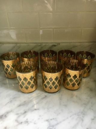 8 Culver Valencia 22k Gold Filigree & Green Vintage Retro Cocktail Glasses