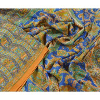 Sanskriti Vintage Blue Saree 100 Pure Silk Printed Sari Craft Soft Fabric