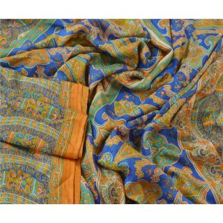 Sanskriti Vintage Blue Saree 100 Pure Silk Printed Sari Craft Soft Fabric 2