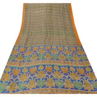 Sanskriti Vintage Blue Saree 100 Pure Silk Printed Sari Craft Soft Fabric 3
