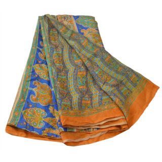 Sanskriti Vintage Blue Saree 100 Pure Silk Printed Sari Craft Soft Fabric 4