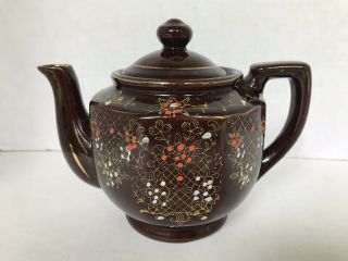 Vintage Brown Glaze Tea Pot Floral Design Made In Japan Ceramic Gold Tone Trim