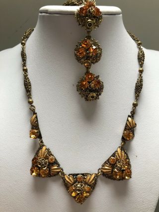 Vintage Art Deco Czech Filigree Amber Glass Necklace & Bracelet Set C1920/30’s
