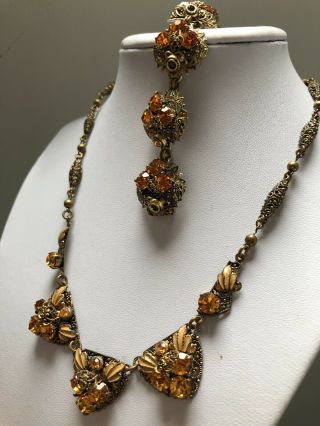 Vintage Art Deco Czech Filigree Amber Glass Necklace & Bracelet Set c1920/30’s 2