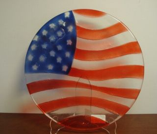 Vtg American Flag Clear Glass Serving Tray / Platter Dish L.  E.  Smith Display