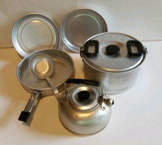 Vintage Coleman Cook Set Mess Kit 6 Piece Tea Kettle,  Frying Pan,  Plates,  & More