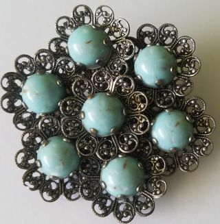 Vintage Pin Brooch 7 Light Blue Round Stones On Silver Tone Circles 2,  " Unique